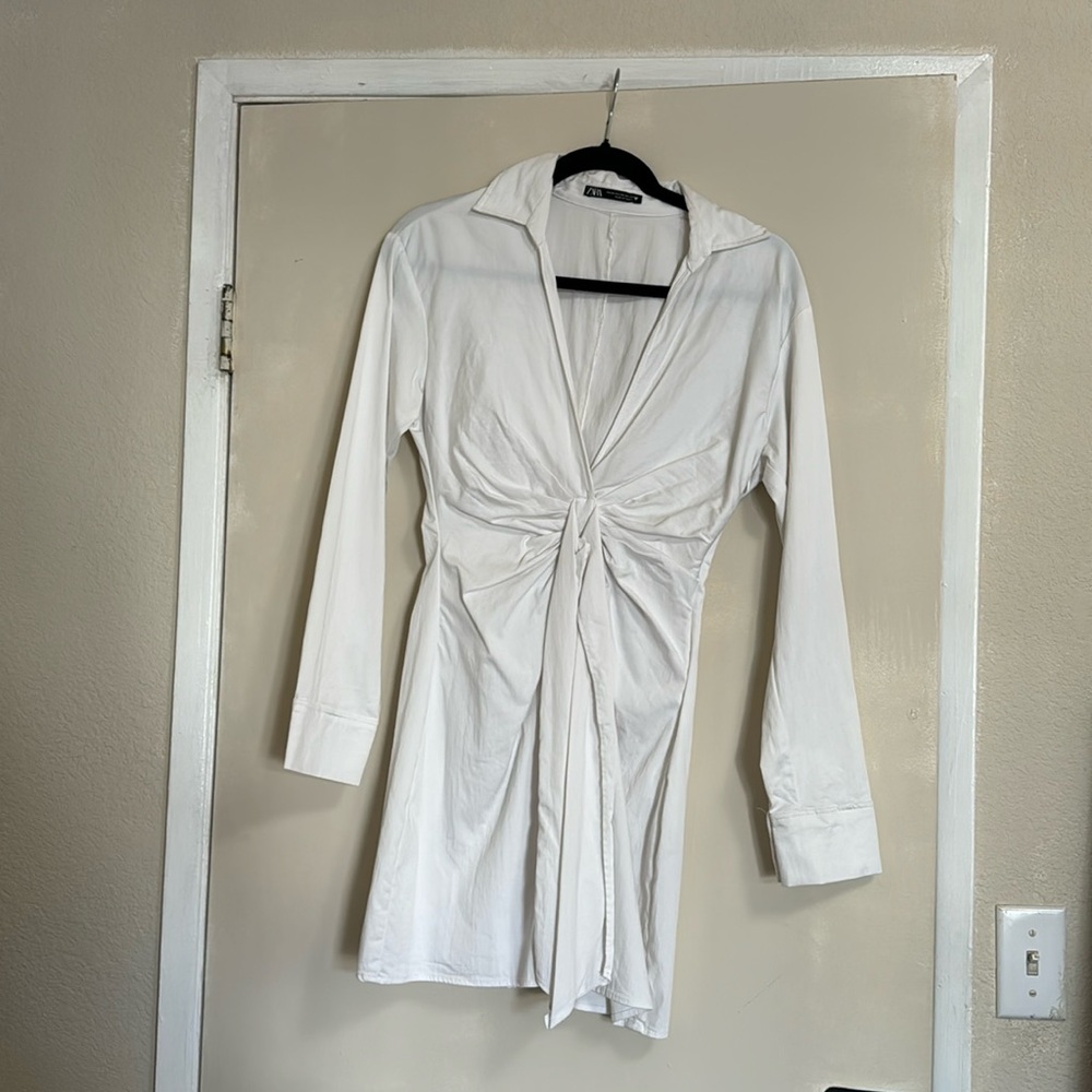 ZARA | Poplin Shirt Dress Tie Front | White - Size XS
